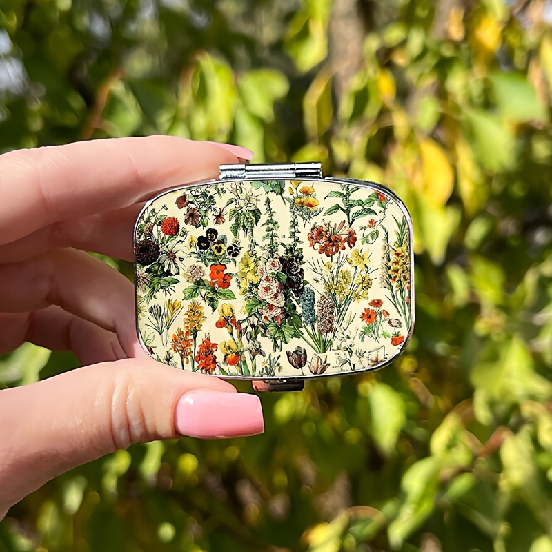 

1pc Vintage Floral Metal Pill Box, 2-compartment Mini Square Medicine Organizer, Portable Household Pill Case For Pockets Purses, Accessory, Unique Gift Idea