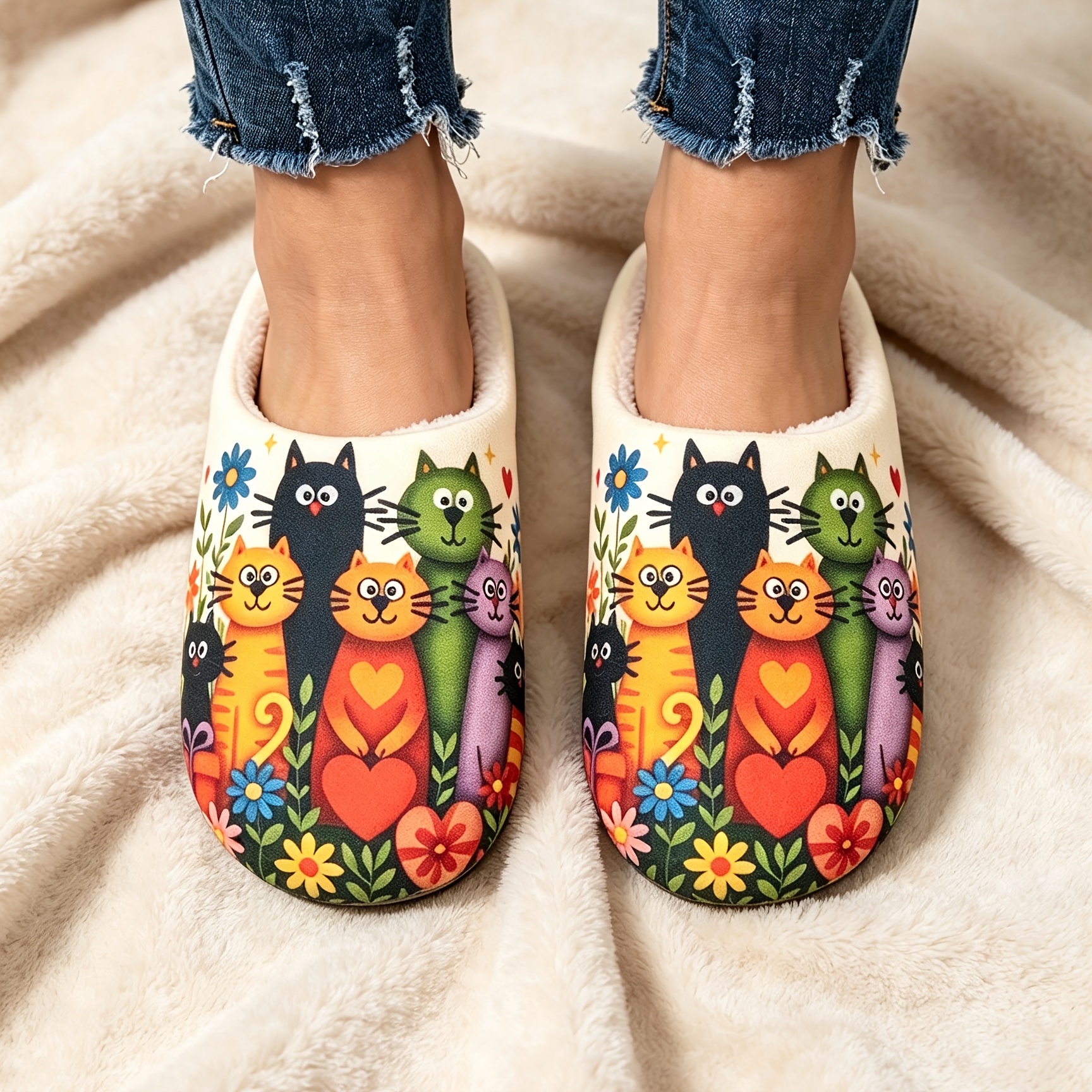 TEMU Small Floral Cat Slippers | Home Fleece Warm Fuzzy Slippers Colorful Illustration Kitten Slippers Girly Heart Indoor Warm Fuzzy Slippers, Women