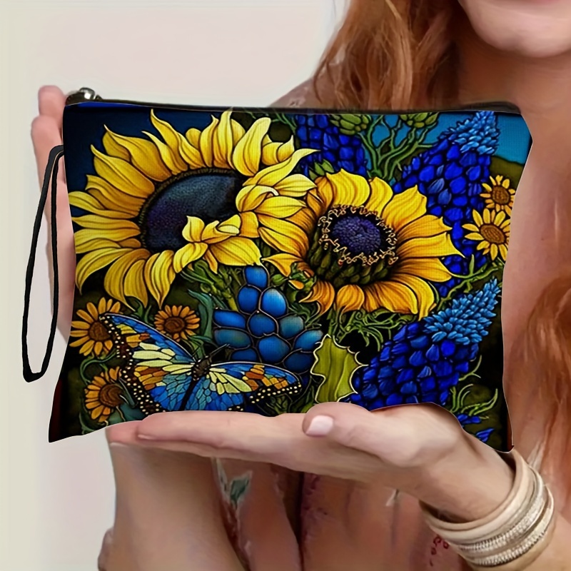 

Women's Floral Cosmetic Bag With Sunflower Design - Durable Polyester, Waterproof Makeup Pouch With Zipper, Unscented, Travel-friendly - 1pc