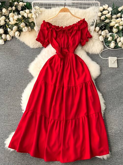 spring summer french style dress for women solid color elegant and gentle style off shoulder neckline short sleeves red spliced maxi skirt puff sleeves waist cinching fairy dress sweet vacation dress
