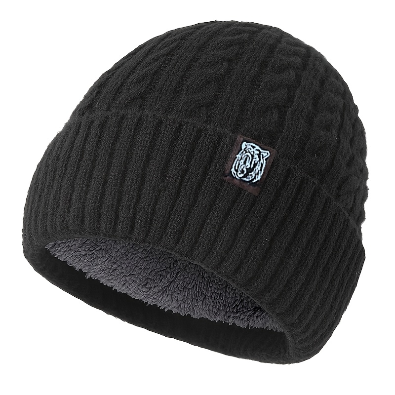 TEMU A Unisex Animal Cloth Label Plush Thickened Warm Hat, Women's Fashion Solid Color Twist Hat Men's Winter Brimless Beanie, Soft And Comfortable