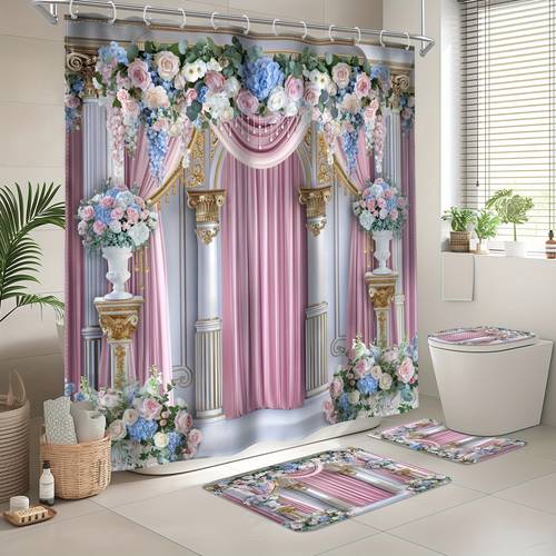 1pc 4pcs pink floral bridal bathroom sets full set vintage flowers luxury eucalyptus pearl golden women modern art 12 hooks shower curtain non slip bath floor mat toilet u shaped mat cover mat bathroom decor and accessories home decor gift