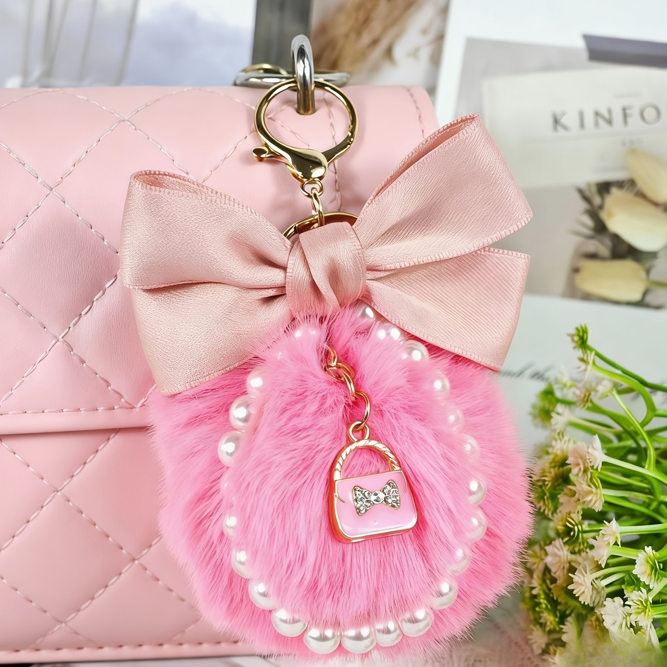 TEMU Pom-pom Keychain With Button, 1pc Car Accessory Bags Accessories, Ideal Gift For , Alloy Material