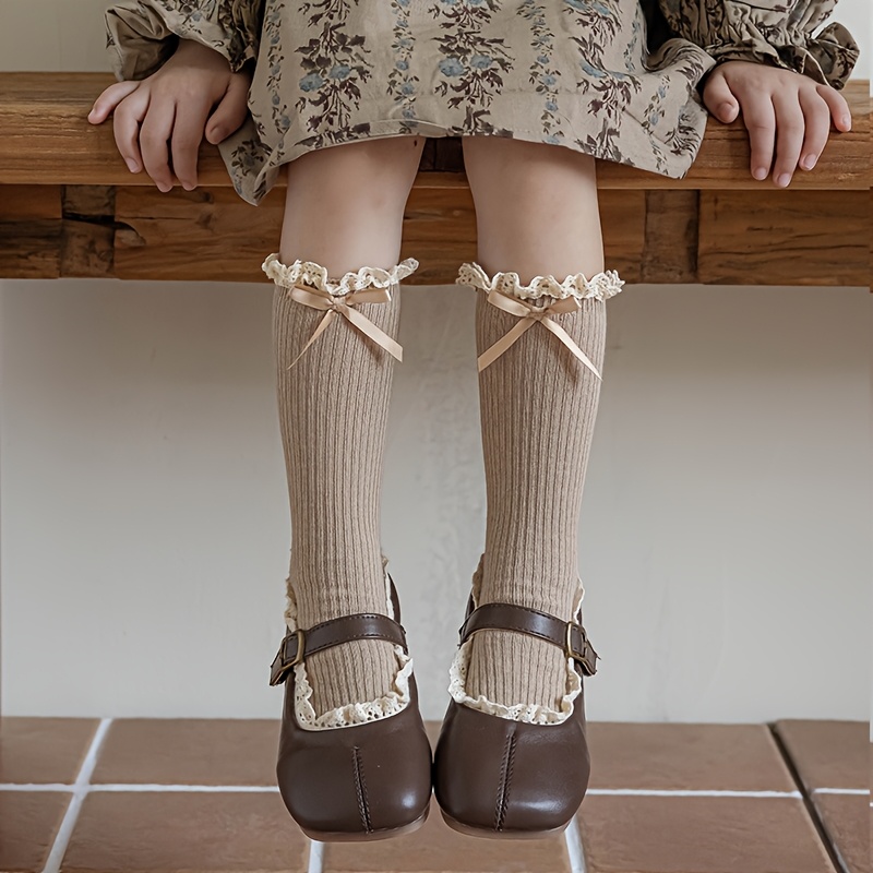 Image of 1 Pair Comfortable Girls' Small Lace Heel Bow Straight Socks, Suitable For Girls' Sweet Outfit And Autumn