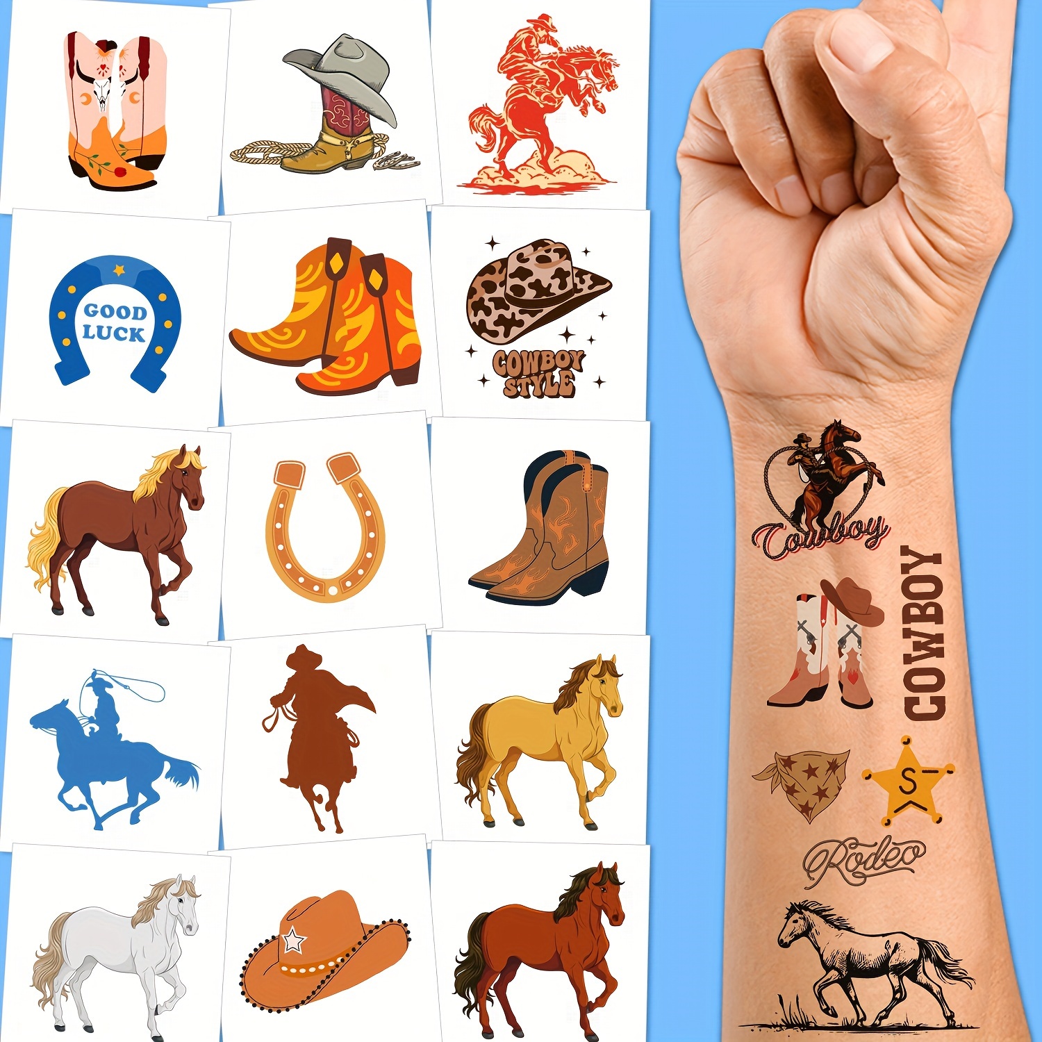 

10 Sheets Cowboy Temporary Tattoos Rodeo, Boys Cowboy Crafts, Birthday Party Favors, Western Shower Decorations