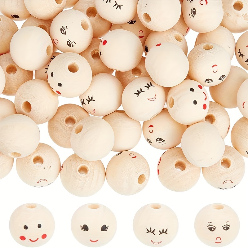 

40 Pcs 4 Styles Smile Face Wooden Beads, 20mm Natural Wood Round Ball Beads With 4.7mm Hole Loose Beads, For Diy Craft Jewelry Making Christmas Decorations