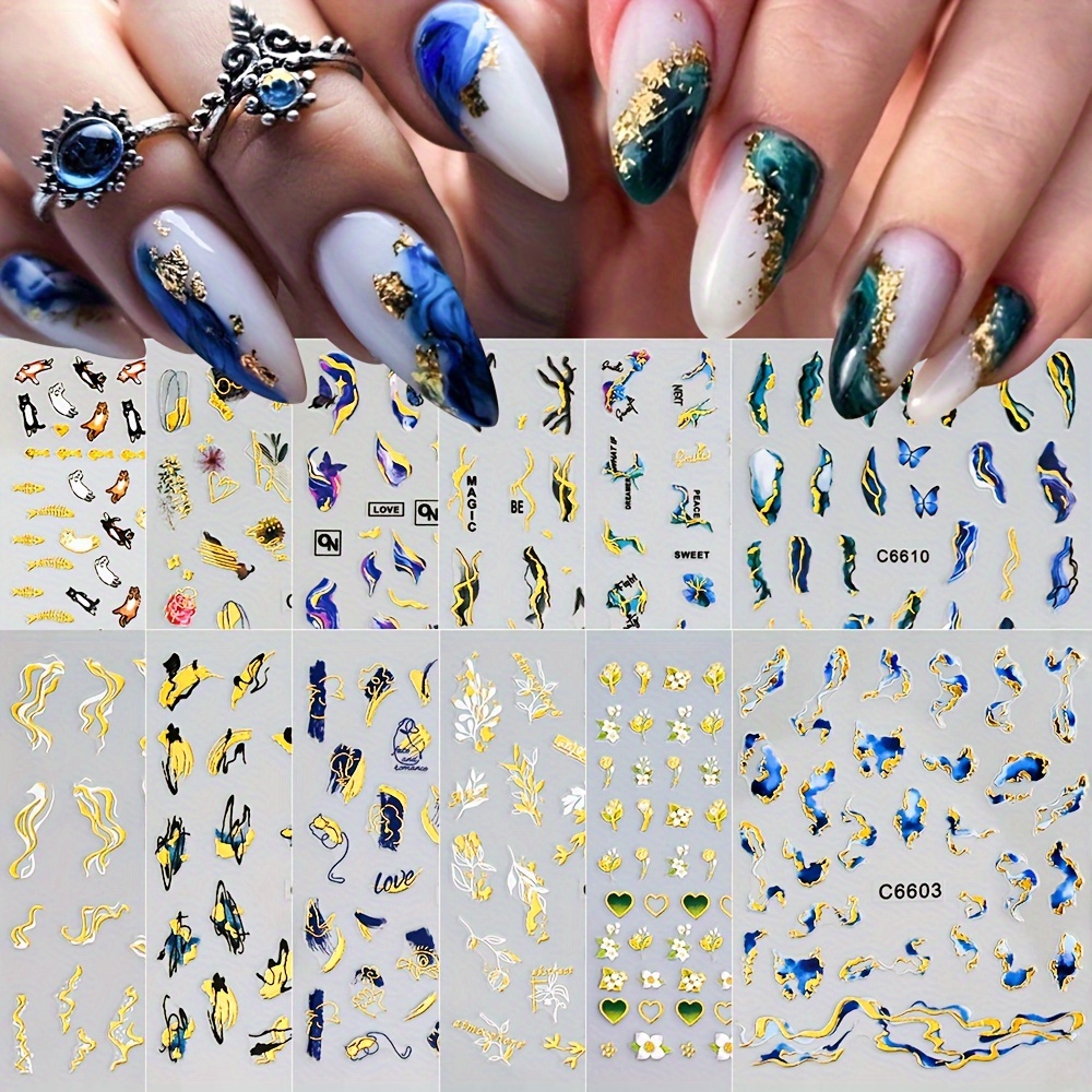 

12pcs Marble & Golden Nail Art Stickers - 3d Self-adhesive Decals For Diy Manicure, Fashionable Chinese Landscape Designs