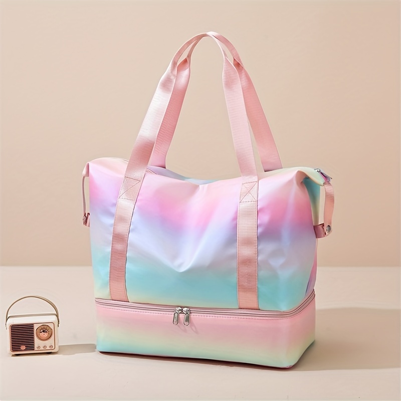 Holographic Tote Bag For Women Lightweight Nylon Weekender Overnight Bag Separate Dry And Wet Storage Sports Gym Bag Casual Travel Carryall