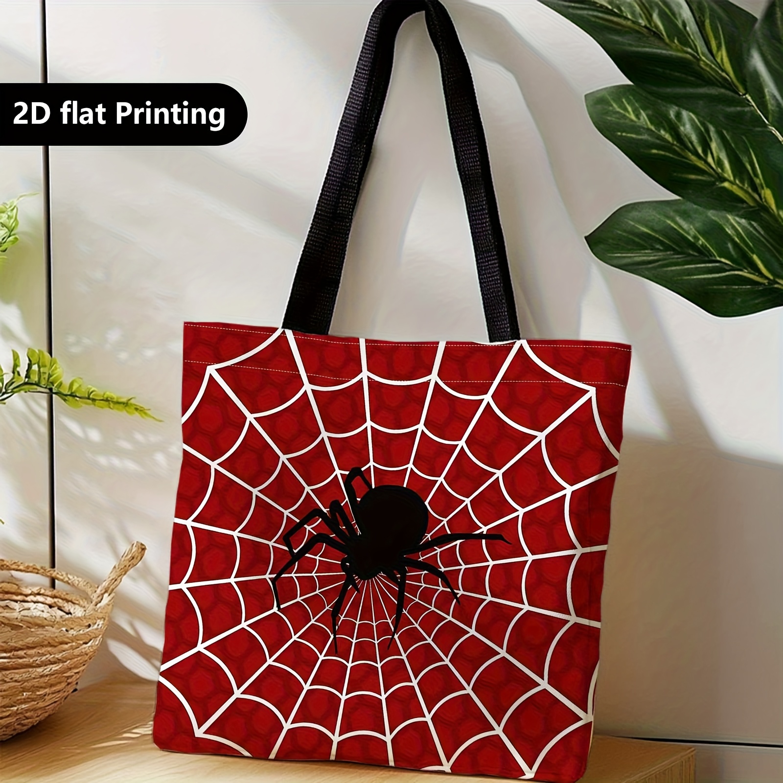 TEMU 1pc A Shopping Tote, A Portable Shoulder Bag Made Of Featuring A Spider And Web Design On A Red Background, Ideal For Travel, Cosmetics, Holiday