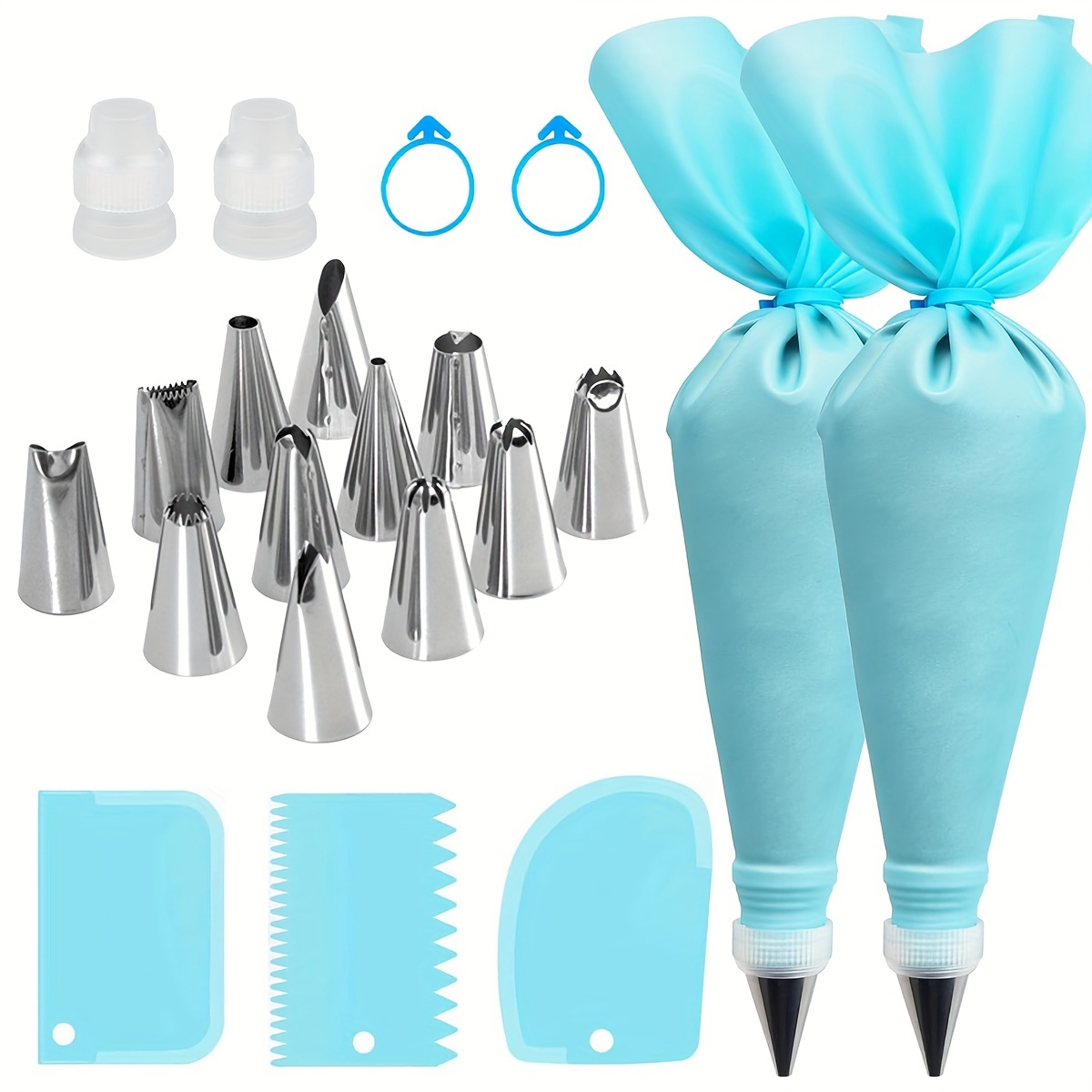 

21-piece Cake Decorating Set - Stainless Steel Icing Piping Nozzles, Reusable Pastry Bags, Converters & Scrapers - Versatile Tools For Christmas, Halloween, Thanksgiving Baking & Cake Design