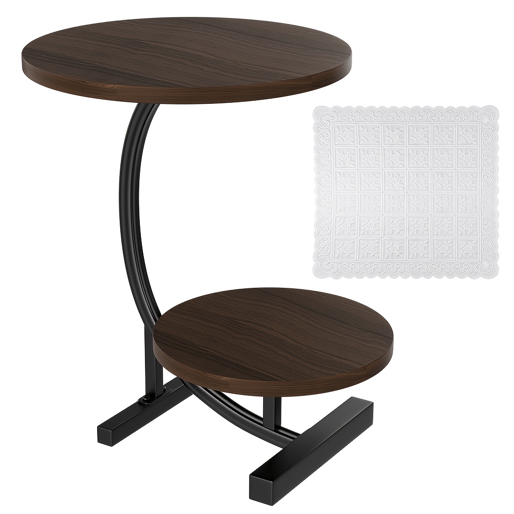 TEMU Walnut End Side Table, 2-tier Sofa End Table H60cm 45cm Top 35cm Lower Shelf, With 60x60cm Lace Tablecloth, Space-saving Accent Table, Small