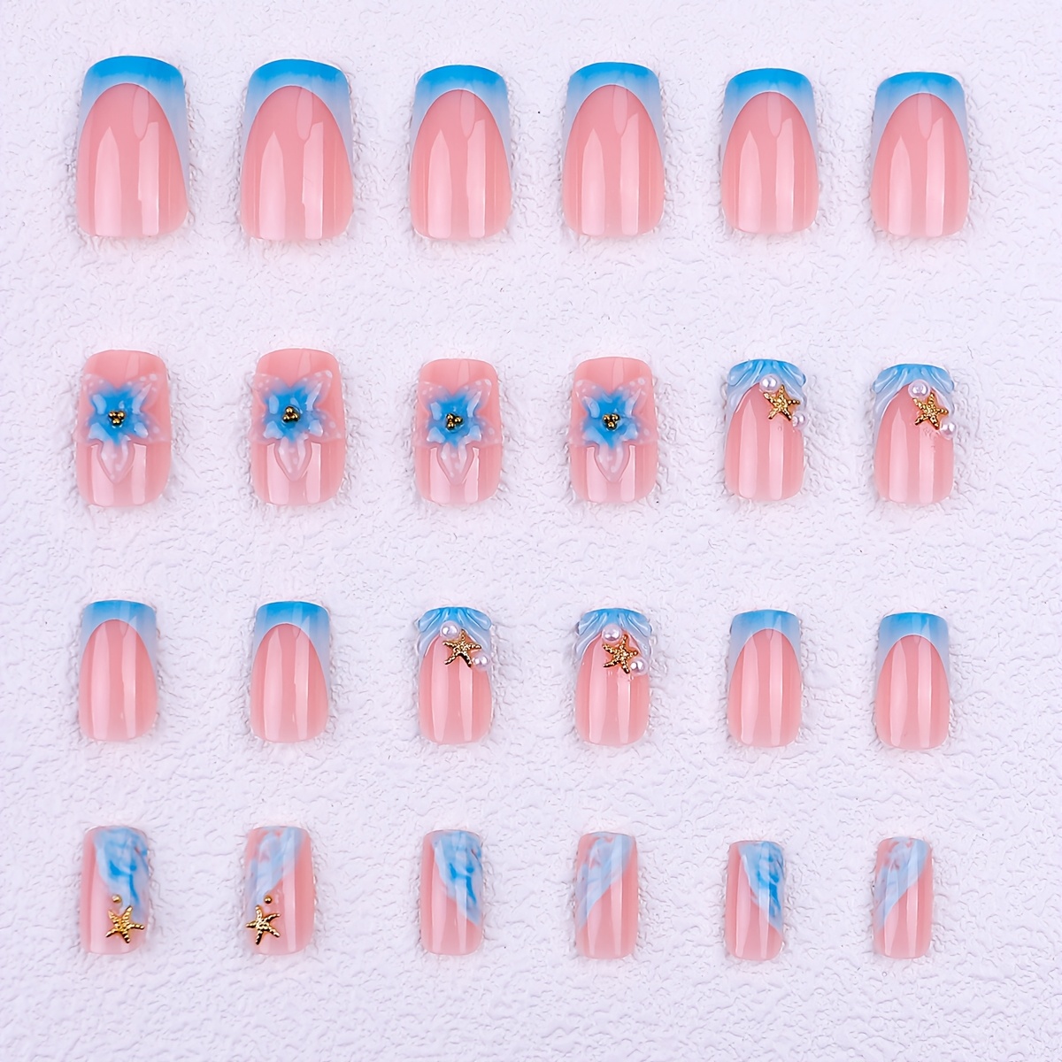 TEMU 24pcs Box Of Floral 3d Effect Rhinestone Accent Handmade Epoxy Nail Tips, Abs Square Press-on Fake Nails, Includes 1 Sheet Of Jelly Glue And 1