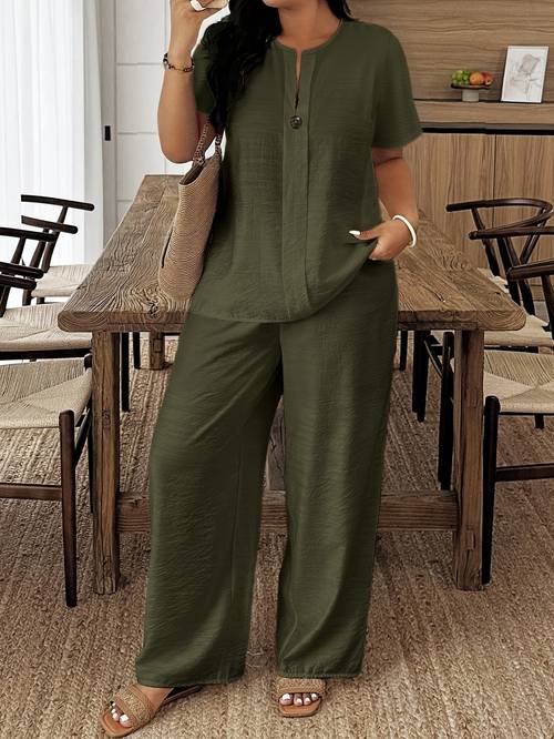 plus size and summer enlarged size womens casual short sleeved shirt and loose pants 2pcs set suitable for vacation and machine washable