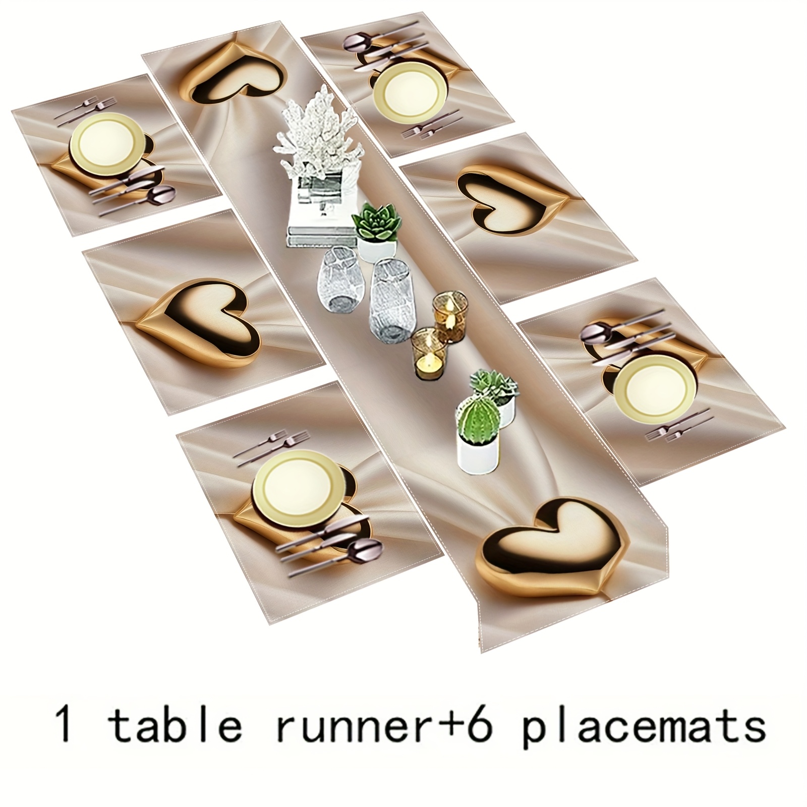 TEMU 5/7pcs Of Table Runner/placemat, Rectangular Fabric With Heart Pattern, Hand Washable, For Valentine's Day, Weddings, Family Daily Gatherings