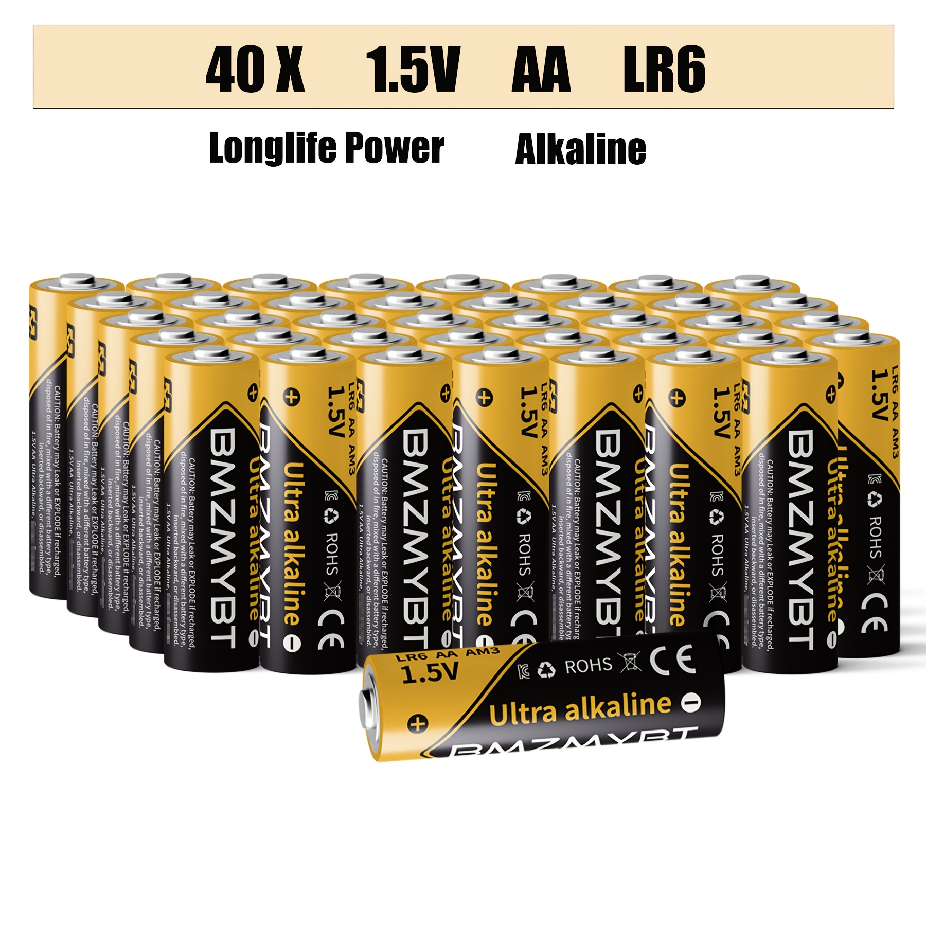Visoko zmogljiv paket 40 alkalnih AA baterij, 1,5 voltov, nenapolnljive, velikost Double A, zasnovane za izjemno življenjsko dobo, varne in