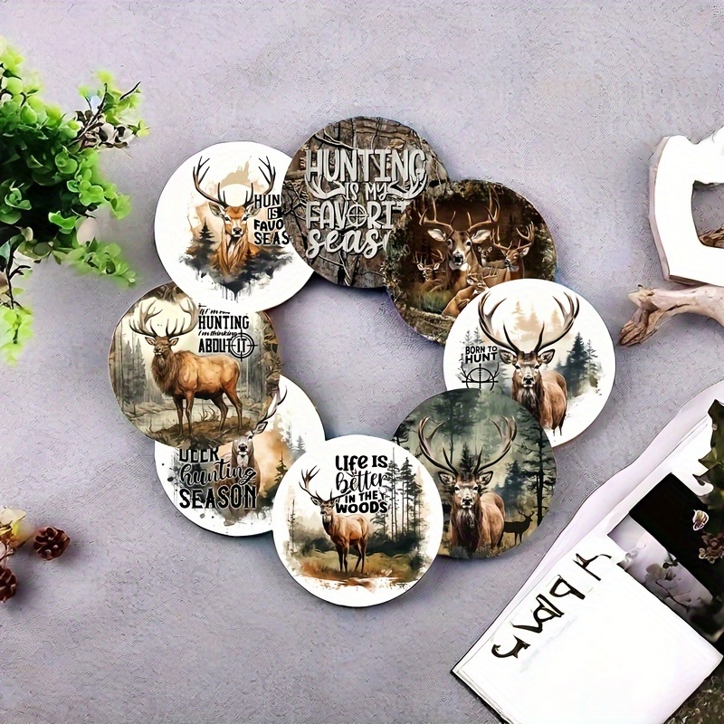 TEMU 8pcs Set Of Hunting-themed Wooden Coasters - Heat Resistant, Suitable For Coffee And Drinks, For Home And Restaurant Decor