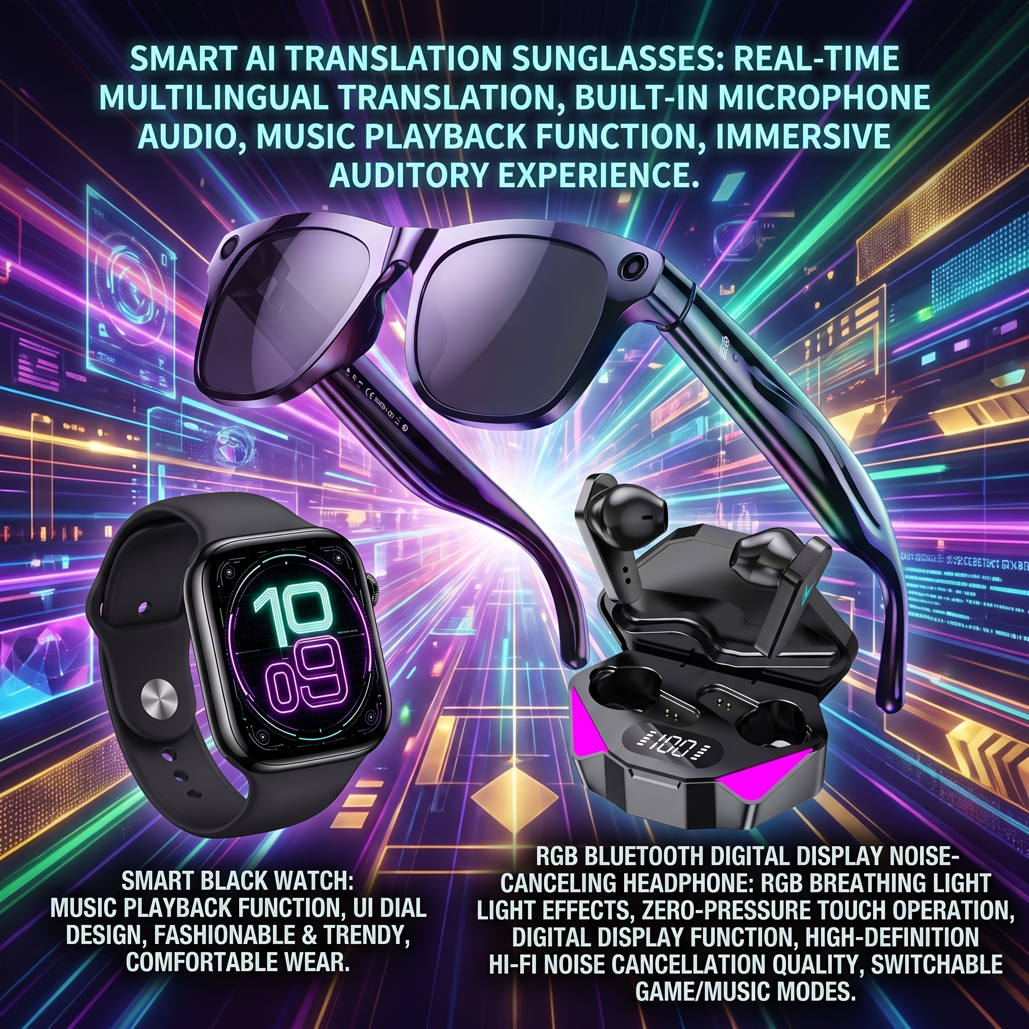 TEMU Intelligent Ai Real-time Translation Glasses, Supporting Multilingual Translation, Built-in Microphone Audio, Wireless Bluetooth Headphones,