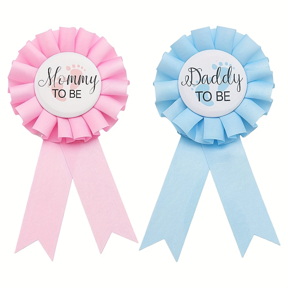 Image of 1 Set (2pcs) - Daddy And Mommy-to-be Badges, Celebration Gender Reveal Party Favors New Dad Mom Gifts Rosette Buttons With Ribbon Shower Decorations