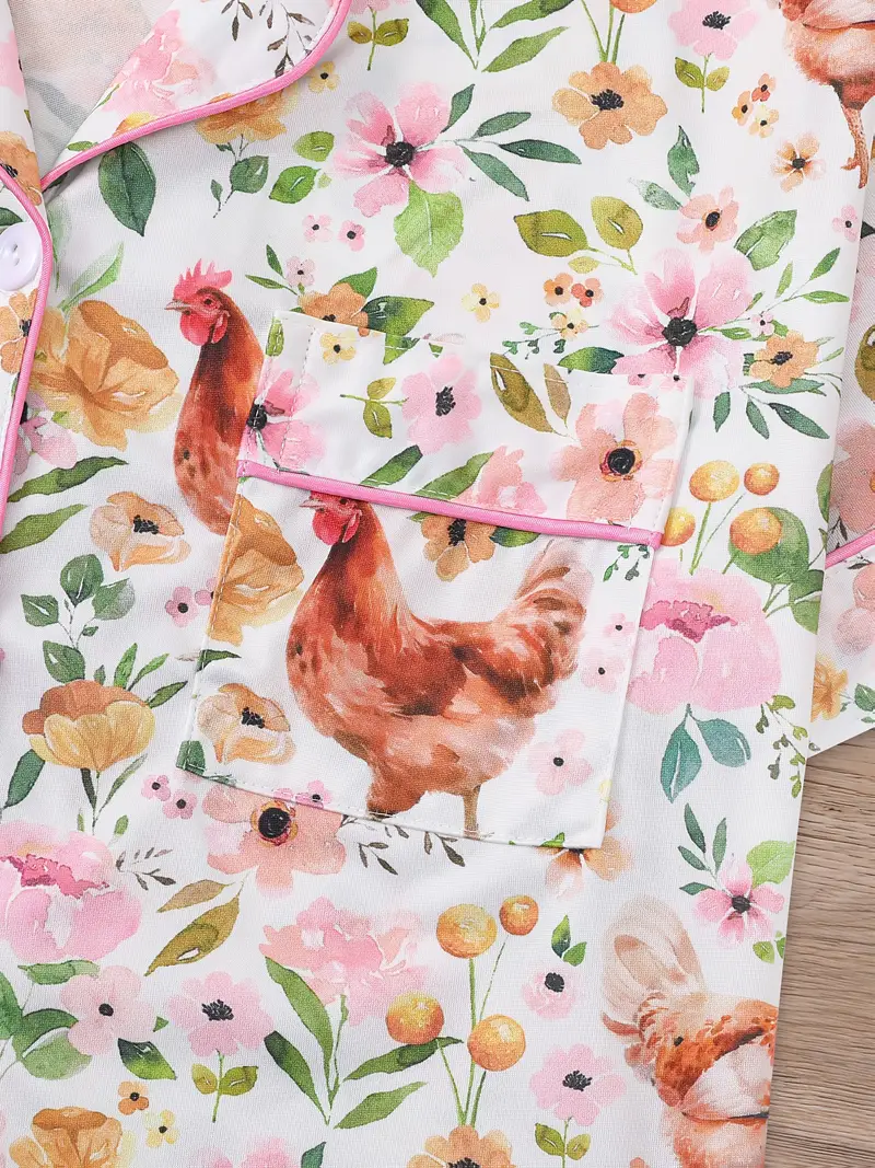 2pcs colorful country style rooster print womens pajama set short sleeve shirt with collar button and loose elastic shorts beautiful and fashionable daily wear holiday costume casual outdoor home comfortable womens pajamas and loungewear Product details 3
