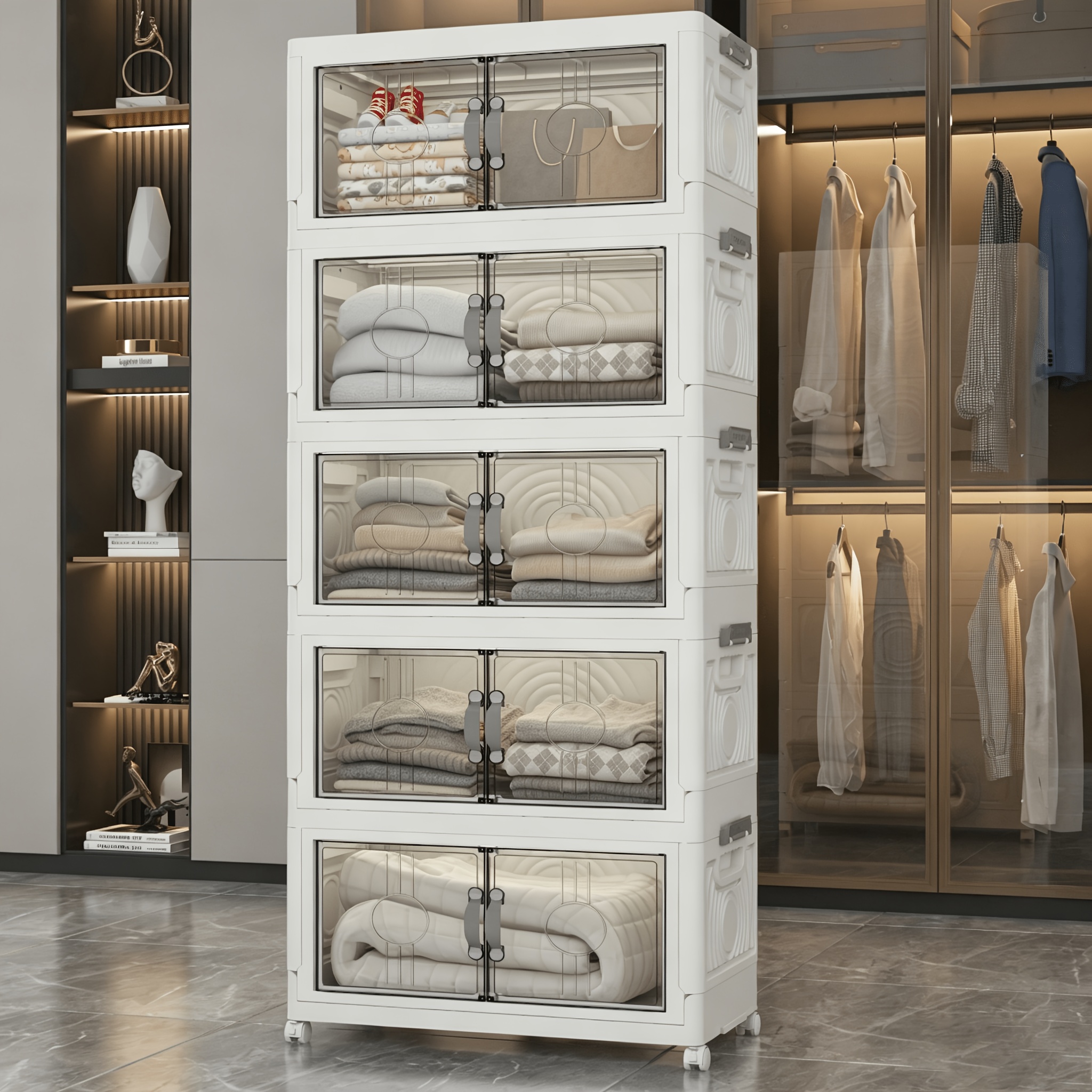 4th And 5th Floors Feature Foldable Grey Wardrobe Storage. Is A Foldable Plastic Organizer That Space. Equipped With 360° Rotating And Lockable Swivel Wheels That Stacked For Shoes And Books