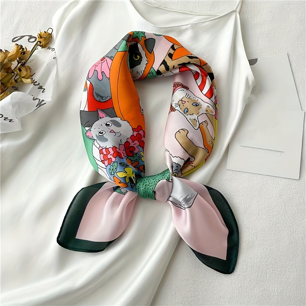 TEMU 27.56in Cute Cartoon Cats Print Square Scarf, Classic Spring Summer Bandana, Thin Breathable Small Scarf For Hair, Bag Decoration, Neck Wrap