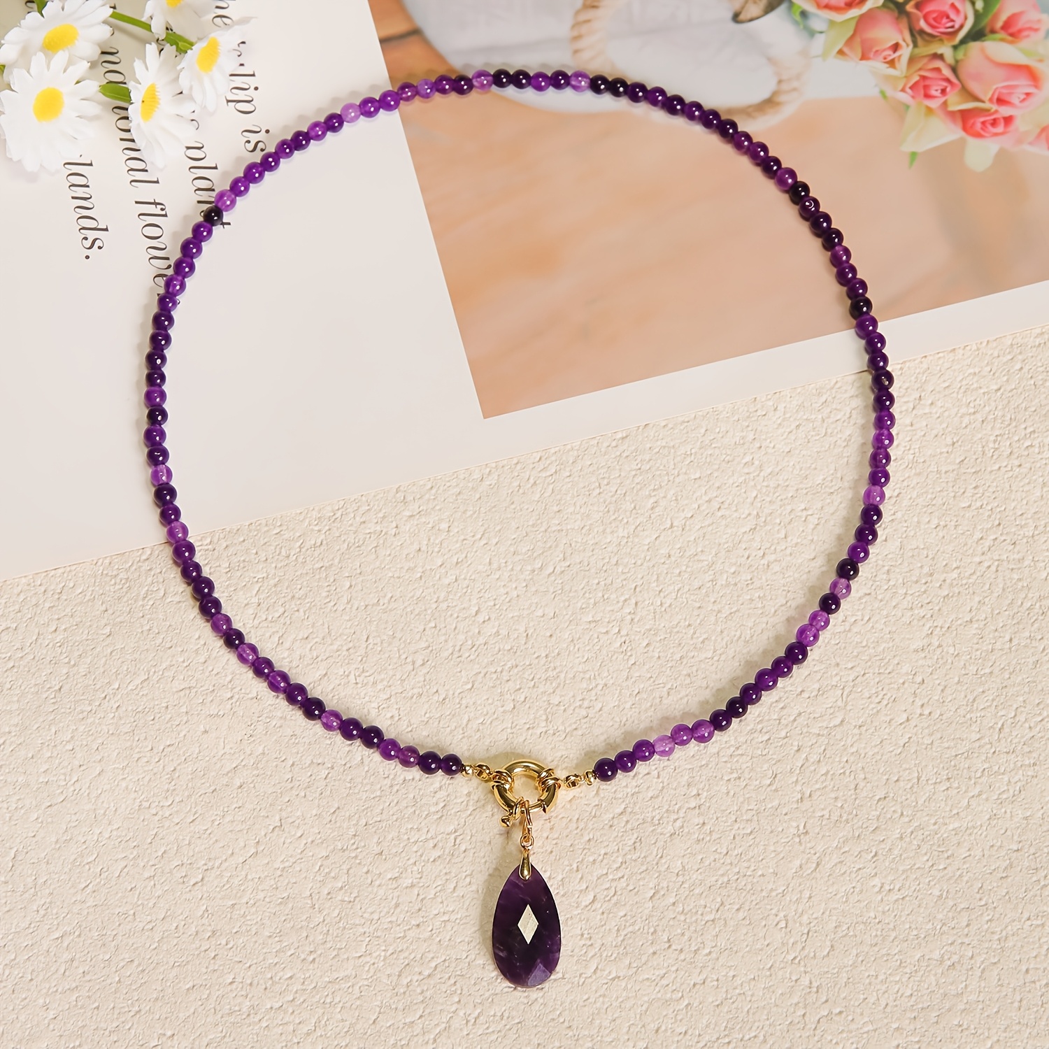 Women's Natural Stone Beaded Necklace with Teardrop Pendant