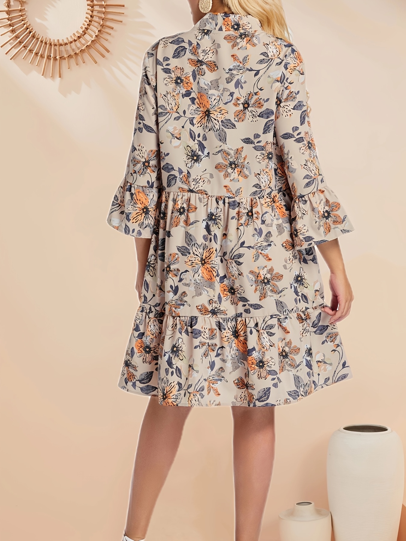 Plus Size, Women's Bohemian Floral Print V-Neck Long Sleeve Mini Dress with  * Hem & Layered Skirt - Lightweight Machine-Washable Non-Stretch Fabric for  Spring Summer Fall Casual to Semi-Formal ...