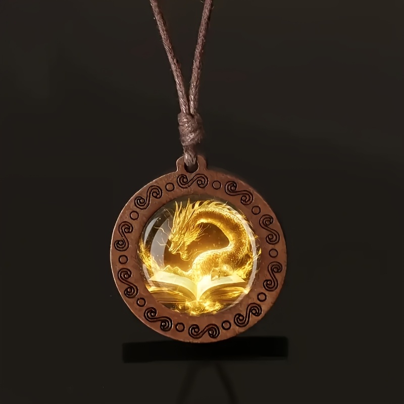 Image of 1pc Of Bohemian Style Reading Wooden Pendant Necklace With Adjustable Cord – Vintage Design, Glass Embellishments, Suitable For Everyday Wear Or Gifting, Dragon Jewelry