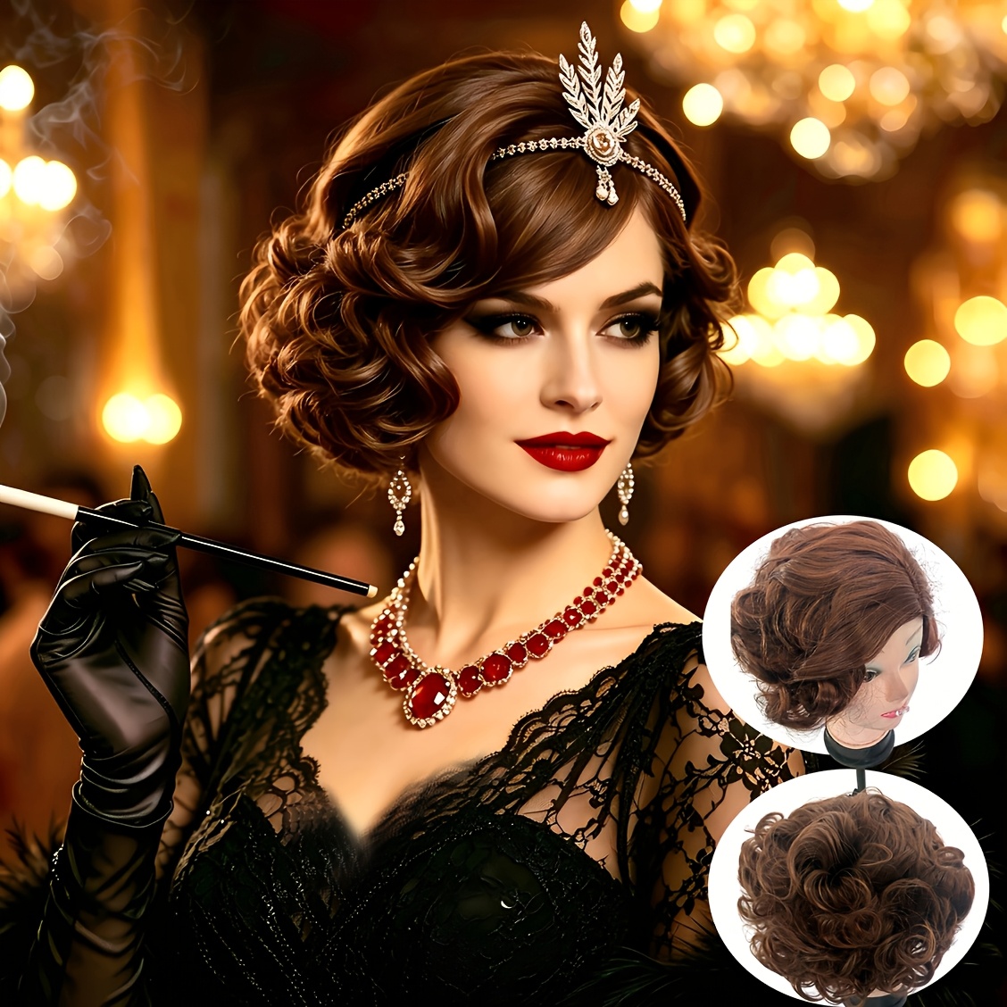 TEMU Peluca retro Y2K para mujer con tocado - Rizos , adecuada para graduación, Halloween, cosplay, postizo de volumen marrón/, peluca de retro para
