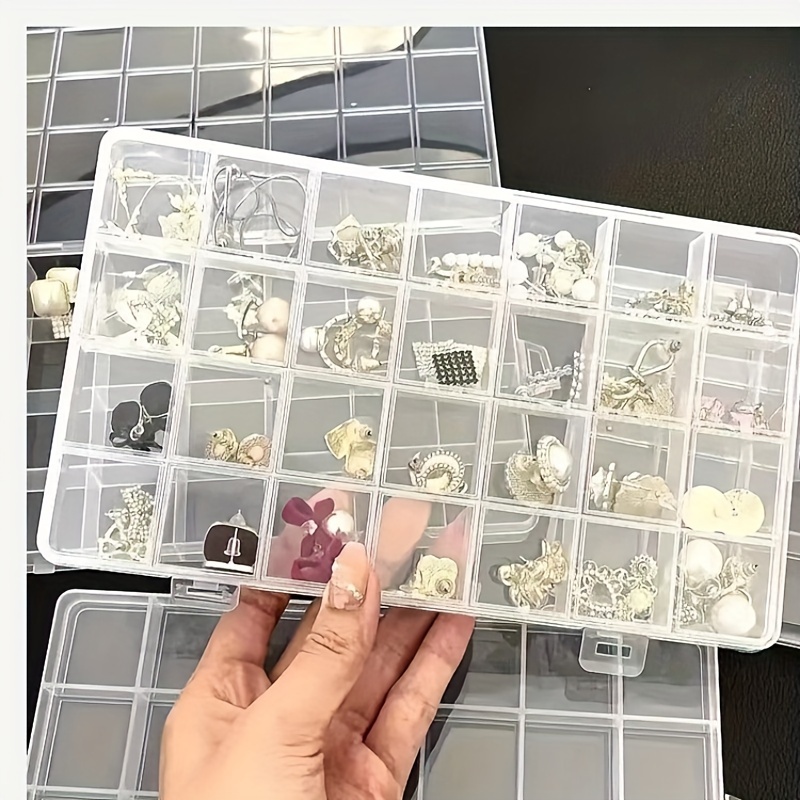 

28-grid Multipurpose Organizer Box For Jewelry, Beads And Hardware - Modern Clear Plastic Tabletop Storage Solution With Secure Buckle Closure, Diy Crafting Rectangle Case, No Electricity Needed