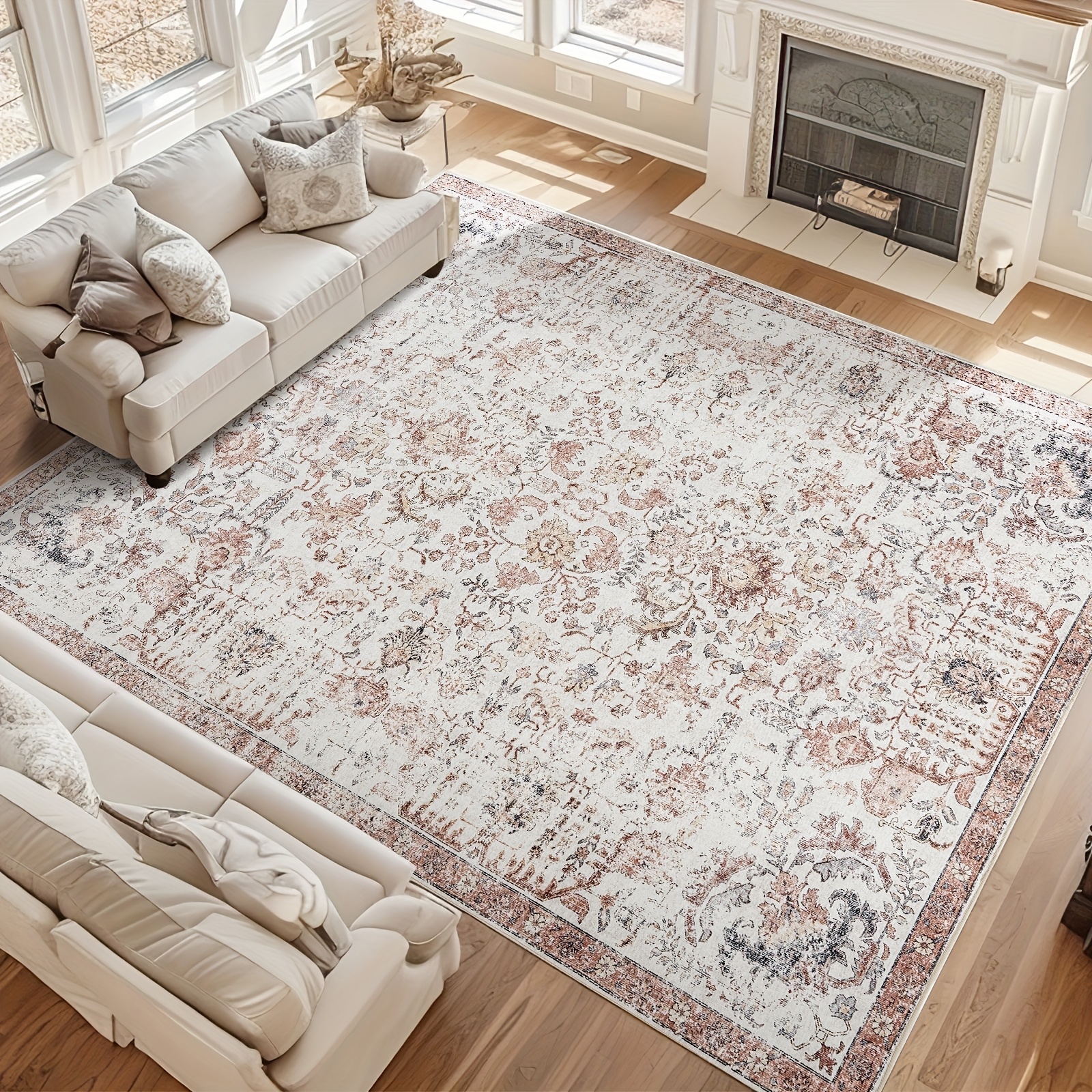 TEMU 1pc Tapis Vintage Boho, Lavable en Machine, Antidérapant, Tapis Rétro de Grande Taille, Tapis à Imprimé Floral Vieilli, Tapis Résistant aux