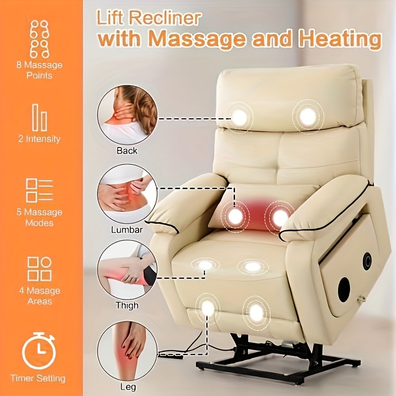 infinite position electric lift recliner with wireless charger and cup holder vibration massage and heating genuine faux leather beige brown silvery gray color   Product details 3