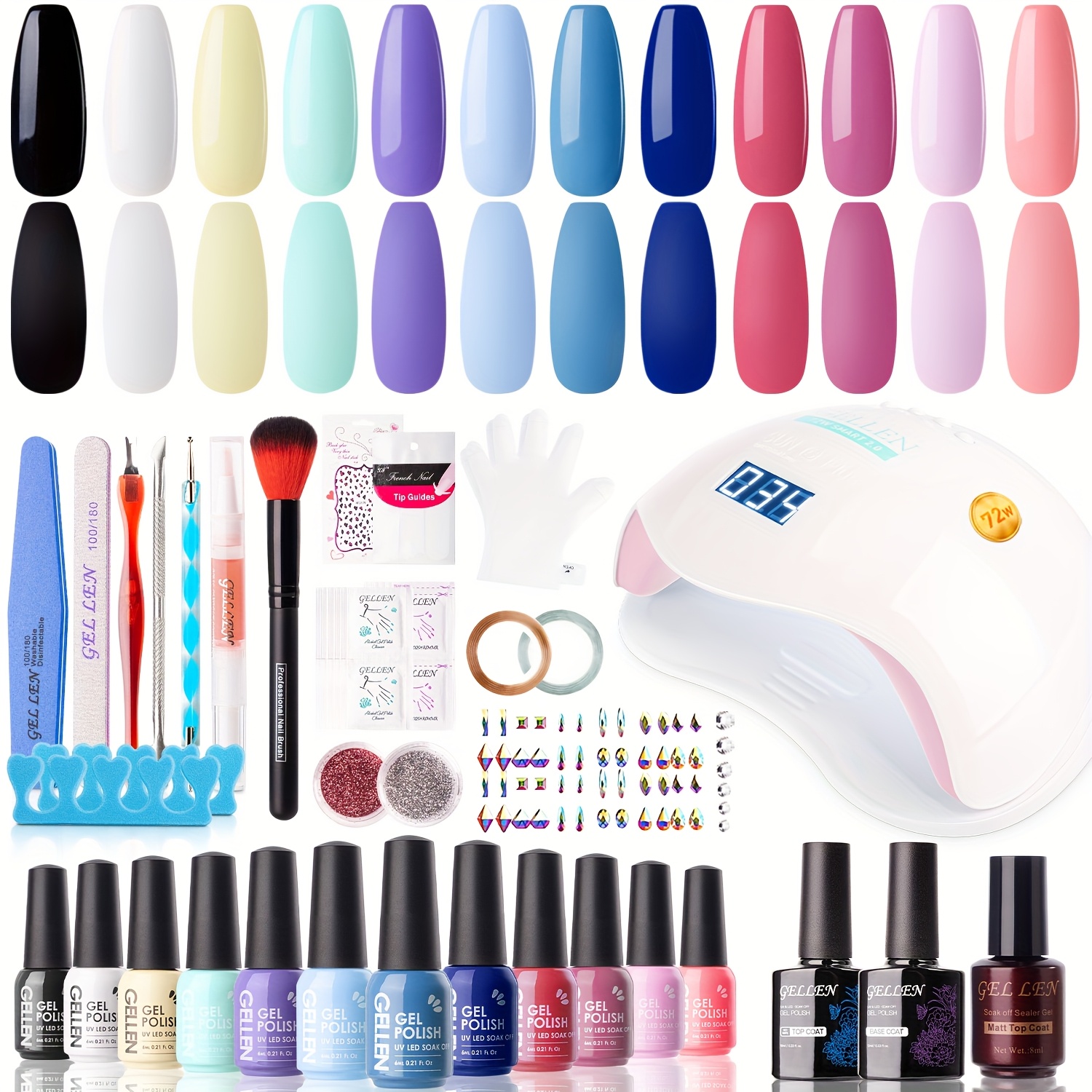 TEMU Gellen Gel Nail Polish Starter Kit With U V Light - 12 Colors Solid Black White Gel Polish With 72w Nail Lamp, Top Base Coat Nail Tools Gel Nail