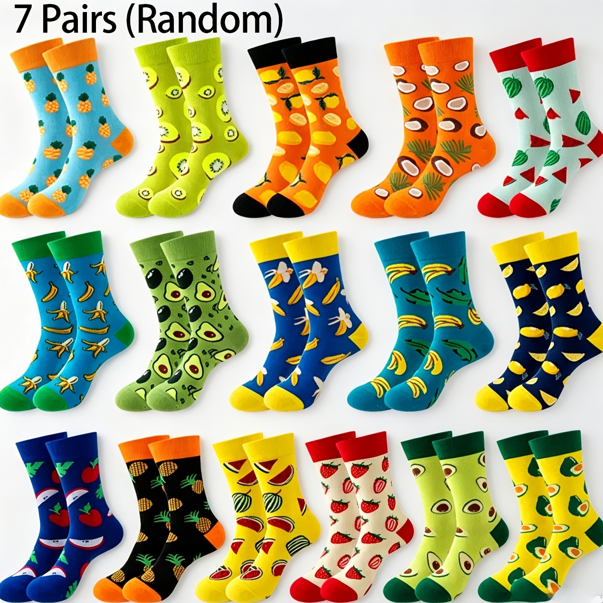 TEMU Random 7 Pairs Youth Fruit , Cute Mid-calf Socks, Trendy All-match Casual Sports Mid-calf Socks, For Teenager, Spring, Classic, Teenager,
