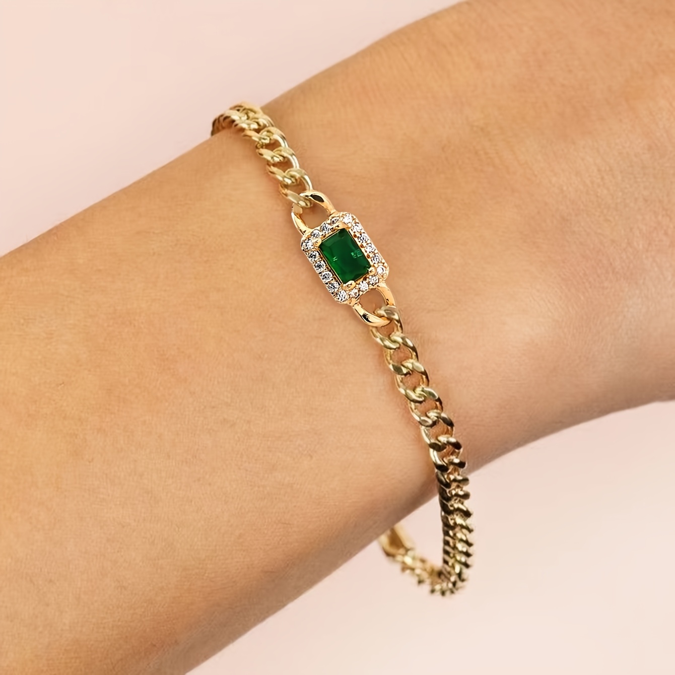Women's Elegant Rectangular Green Zirconia Chain Bracelet, Daily Wear