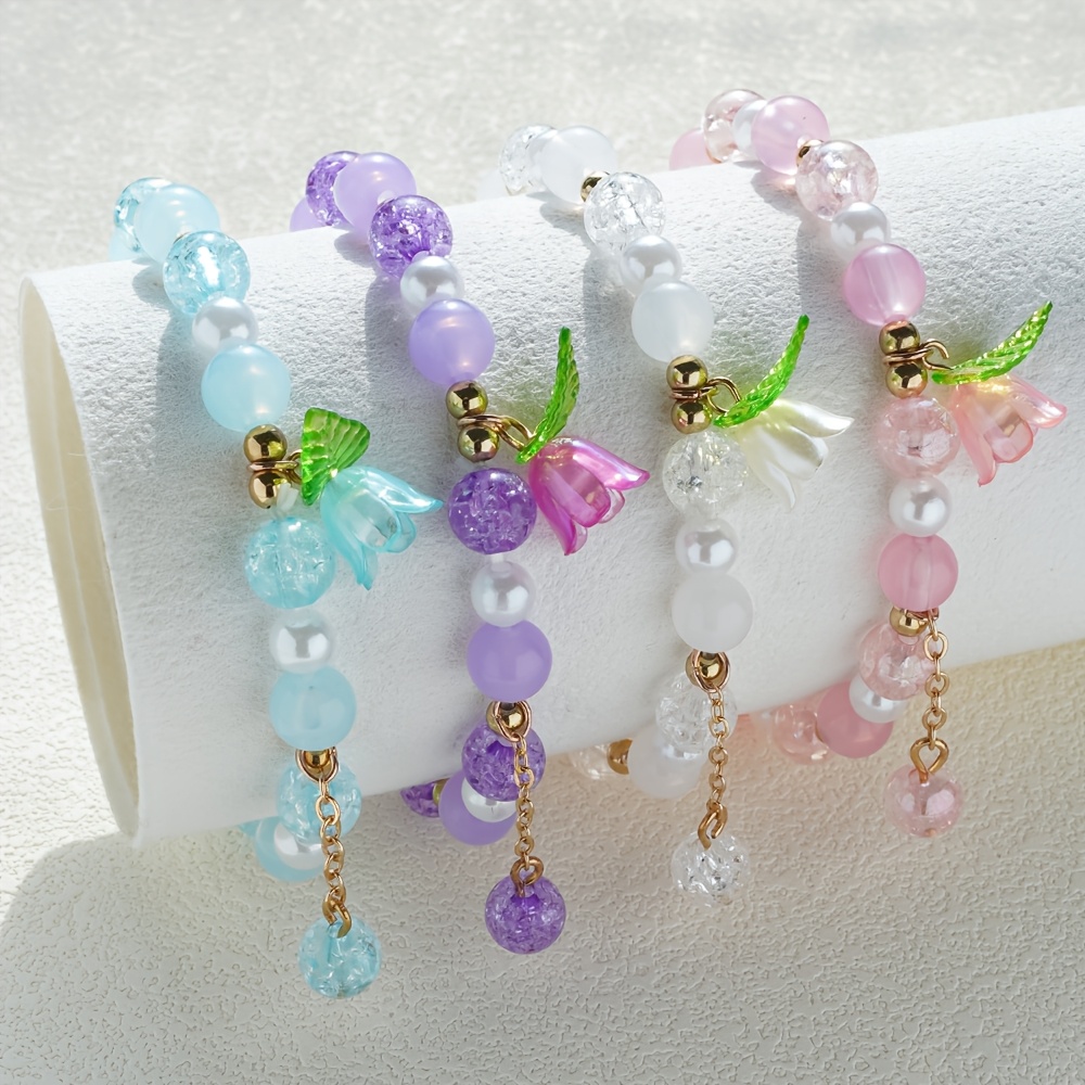 TEMU 4pcs Lily Of The Valley Pendant Kids Stretch Bracelet Set, Exquisite & Fashionable Jewelry For Girls, Creative Accessories For Holiday Parties &