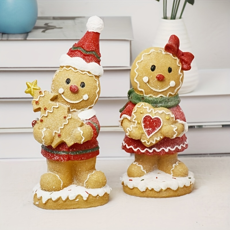 Image of 2pcs Gingerbread For Man Resin Figurines With Heart, Tree & Santa Hat - Cute Collectible Xmas Decor Suitable For & Party Display, Resin Statues, Unique Christmas Gifts For