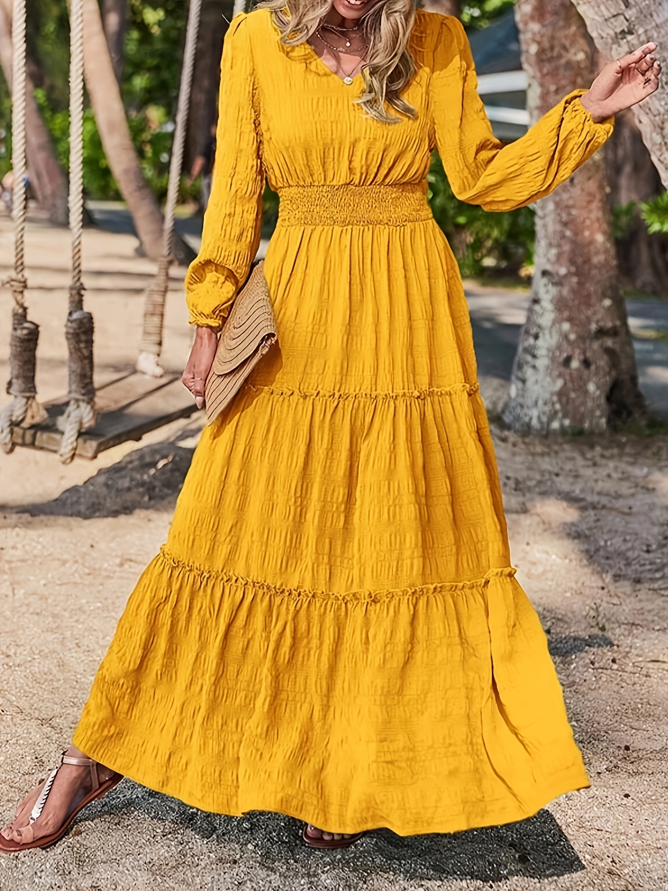 a line elastic waist long sleeved solid color v neck dress - Temu Oman