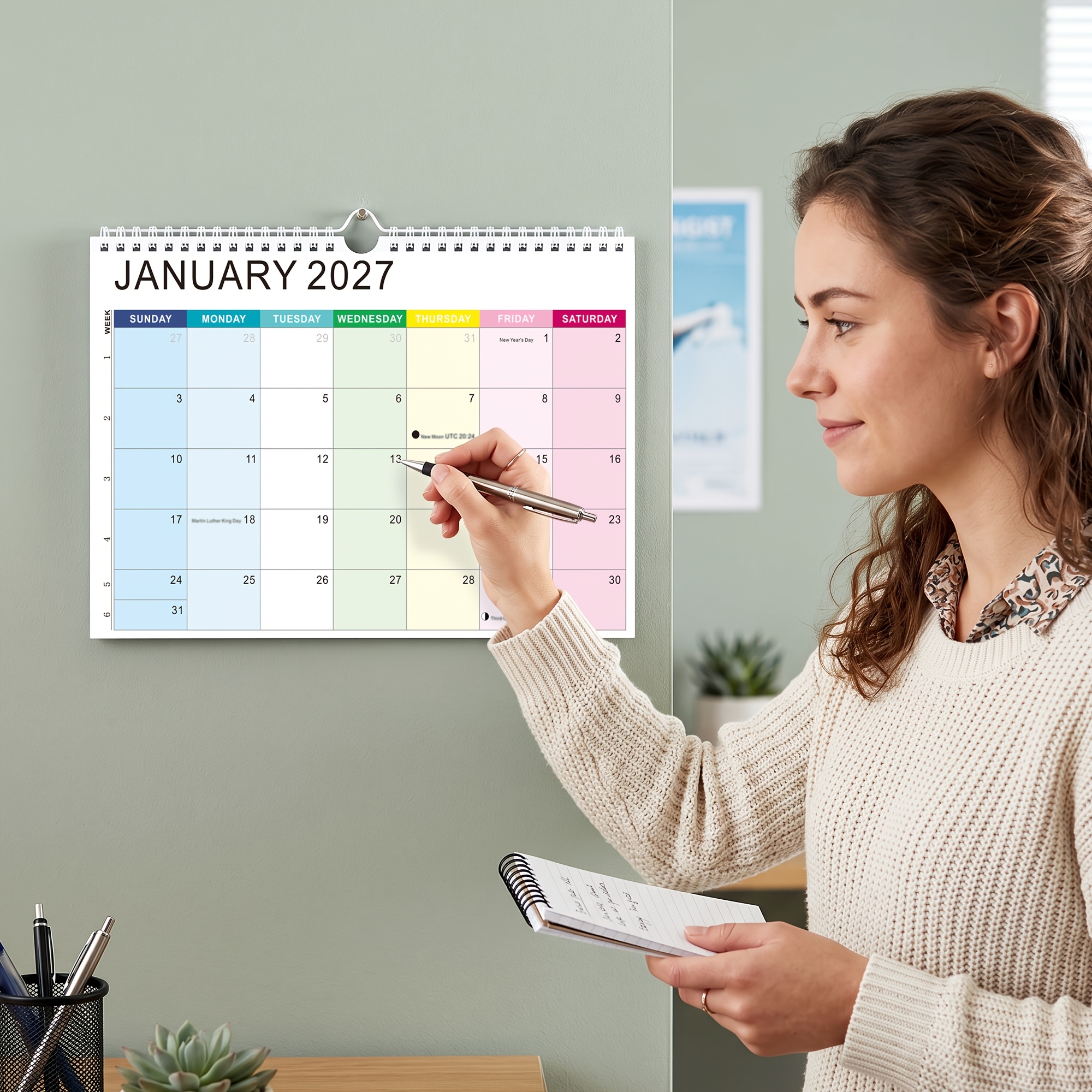 TEMU 18-month Wall Calendar 2027-2028, A4 Size 11.8 X 8.27 Inch Monthly Calendar, 2027- 2028, Sunday Start, Large Writing Blocks, Color-coded , Week