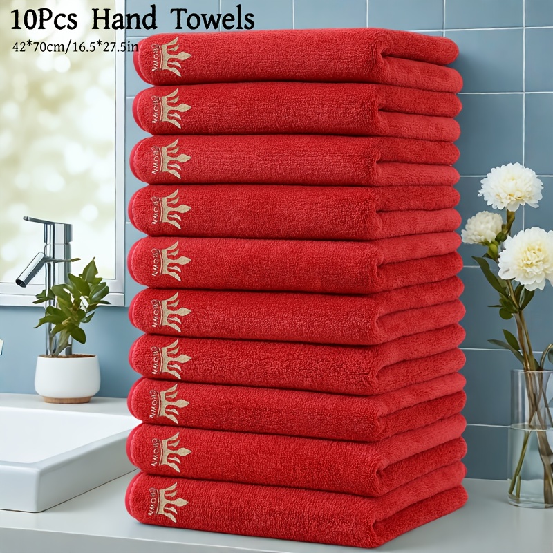 MIANDUDU 10pcs Luxury Microfiber Towel Set - Quick-Dry, Large Bath & Hand Towels (16.5"x27.5"/42x70cm) with Red Border & Golden Crown Logo
