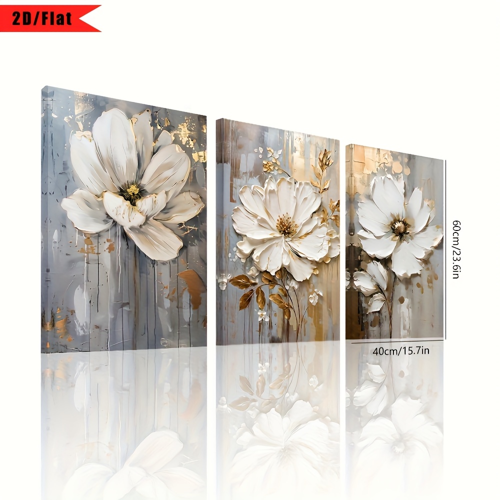 TEMU da parete con fiori testurizzati, 2D piatto, 2D/Piatto, 3 pezzi, con cornice, stampe su tela bianche con accenti dorati, arredo moderno per