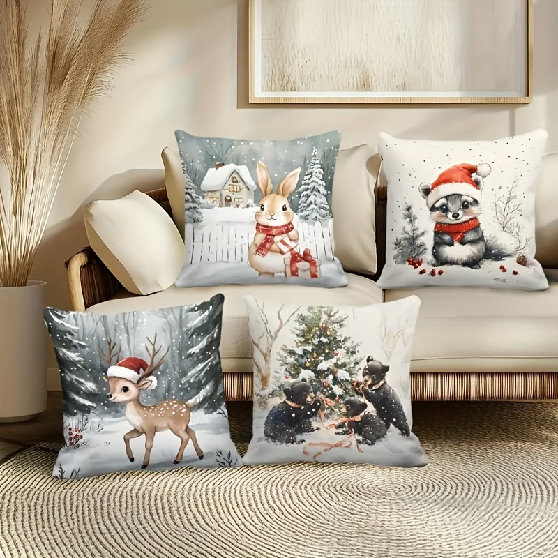 

Set Of 4 Christmas Throw Pillow Covers, 18x18 Inch, Contemporary Style, Zipper Closure, Machine Washable, Woven Polyester, Animal Designs For Home Decor, No Insert