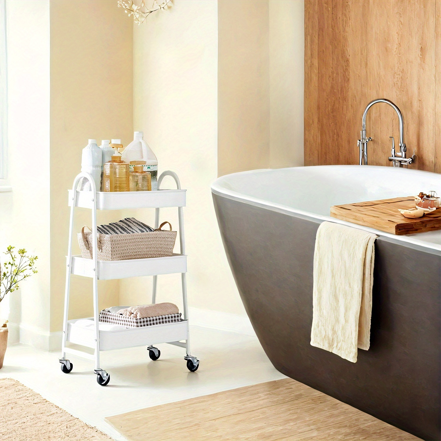Image of Rolling Cart With 3 Tiers, Metal Serving Cart, Kitchen Cart, Kitchen Shelf With Handles, 2 Brakes, White