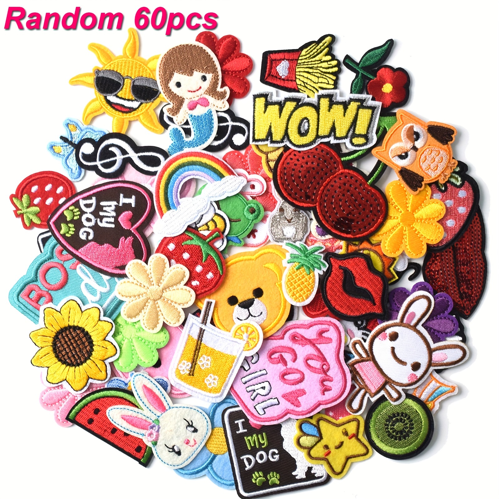 

60pcs Vibrant Cartoon Iron-on Patches - Assorted Cute Embroidery Appliques For Customizing Backpacks, Clothing, Hats & Accessories, Embroidery Accessories