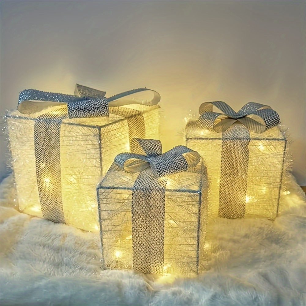 TEMU 3pcs Led Christmas Gift Box Lights Set - Battery Operated, Needed - Indoor & Outdoor Holiday Decorations