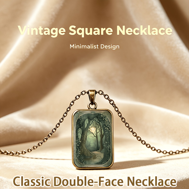 TEMU Vintage Watercolor Misty Forest Arch Rectangle Metal Charm Necklace Magic Path Tale Landscape Pendant Gift Dark Academia Lover, For Halloween