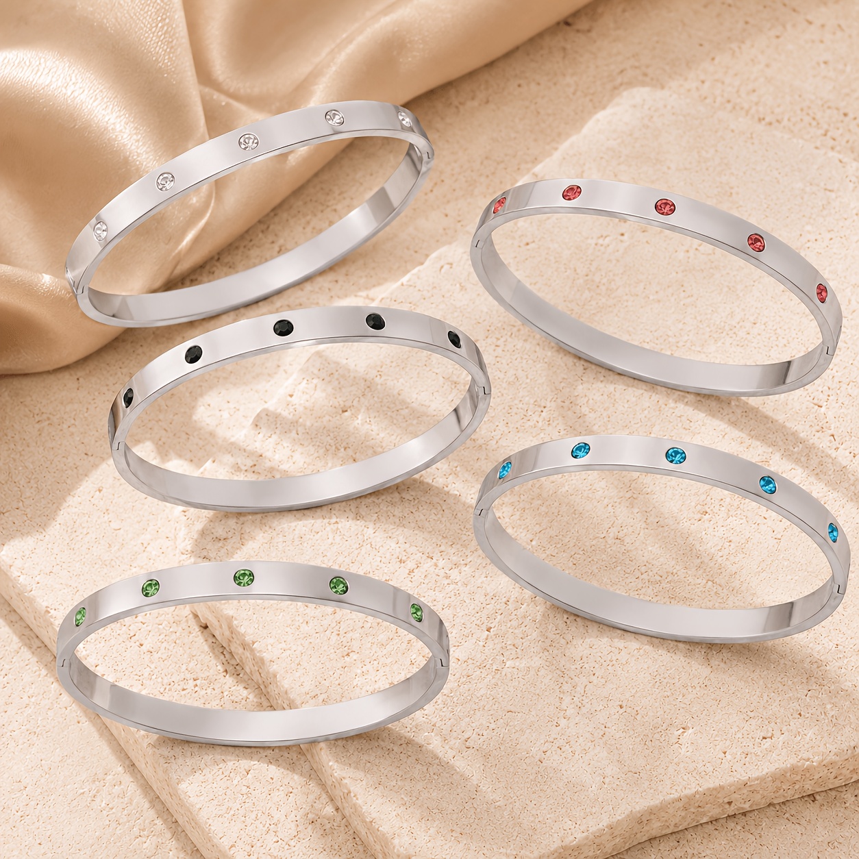 Unisex Colorful Stone Accent Bracelet, Silvery Matte Bangle