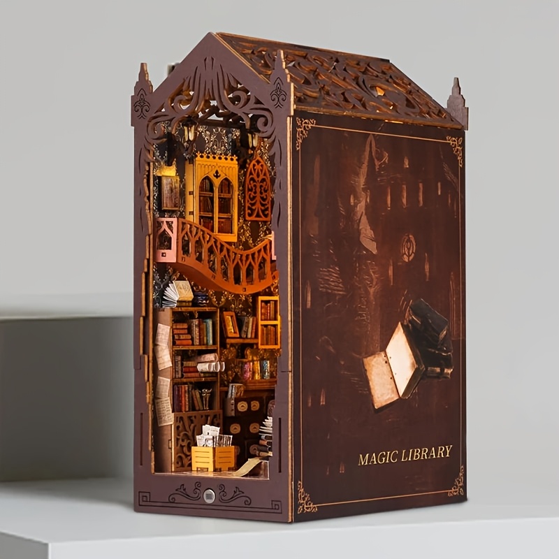 diy bookend kit 3d dollhouse carved decorative style architectural assembly handicrafts luxury library toy 3d wooden puzzle bookends for bookshelf d cor desktop ornamental display diy adult miniature house   no batteries birthday