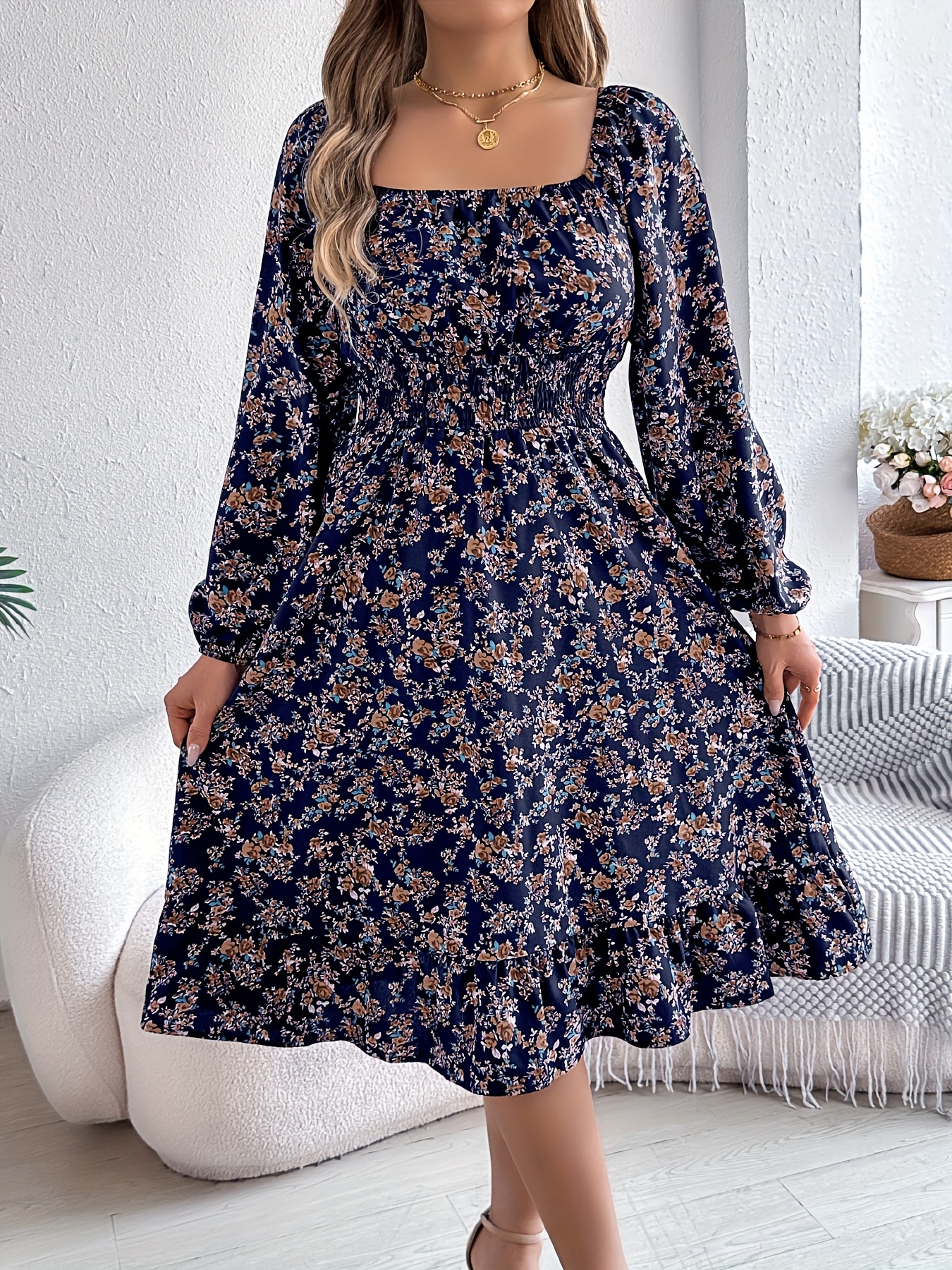 fitted lace wedding dress MakeMeChic Women's Long Sleeve Mock Neck Shirred Frill Trim Ruffle Casual  Short Smock Dress Black A X-Small at Amazon Women's Clothing store main image 1