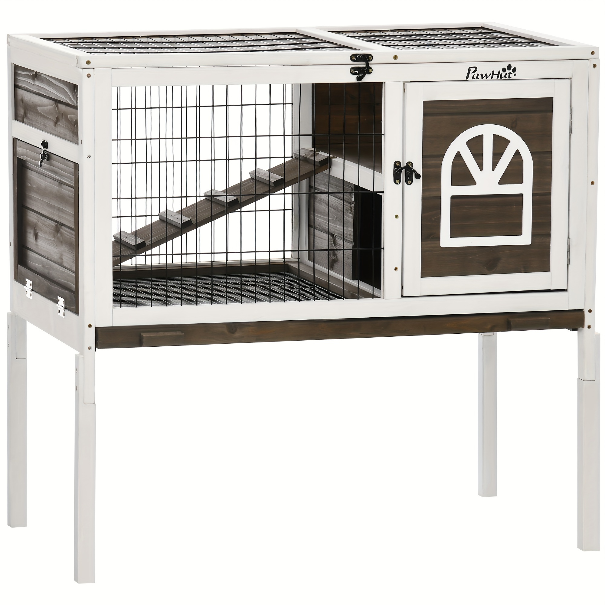 wooden rabbit hutch indoor elevated small animal cage with run ladder lockable doors and removable tray